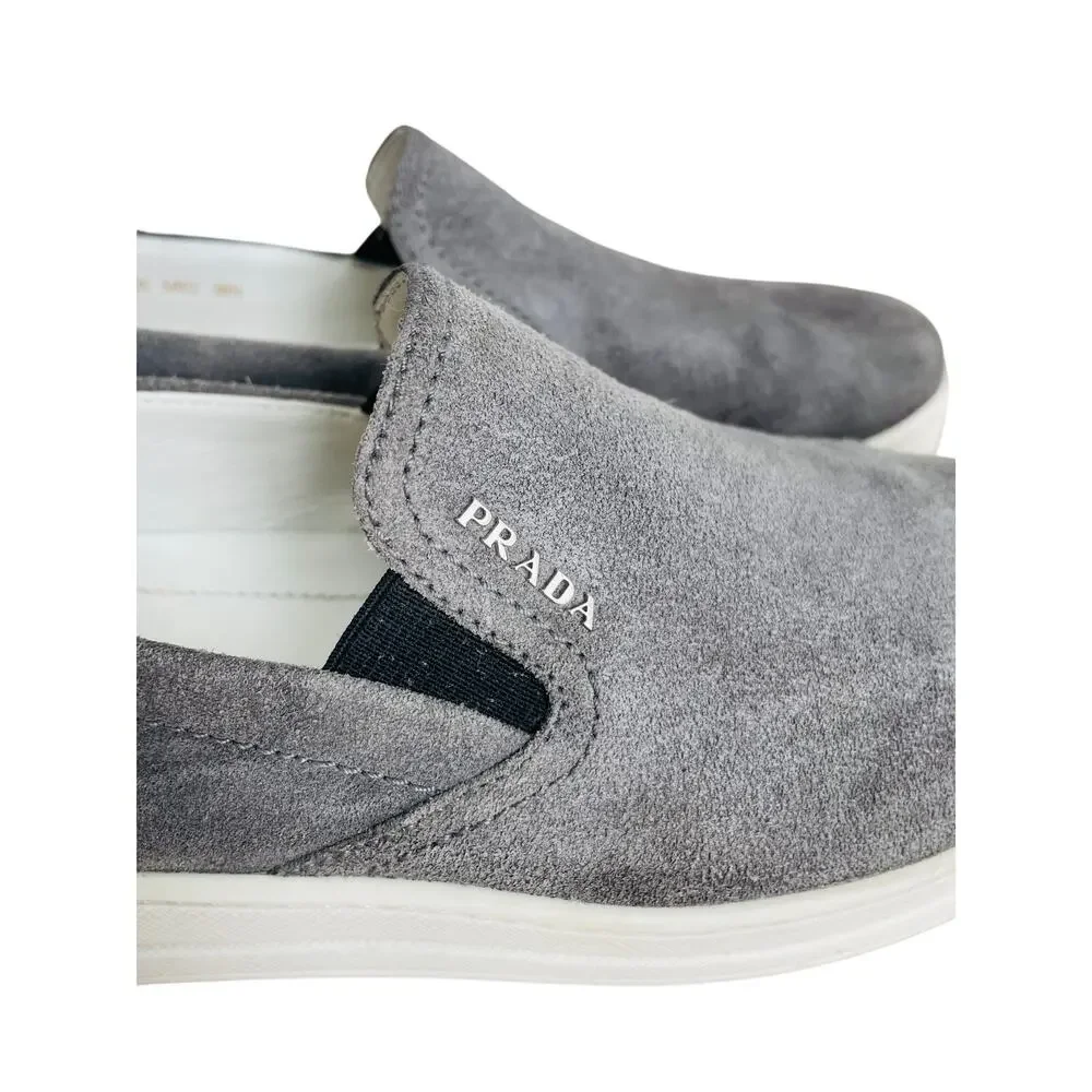 Prada Gray Suede Slip On Sneakers Womens 7 Leather Lined